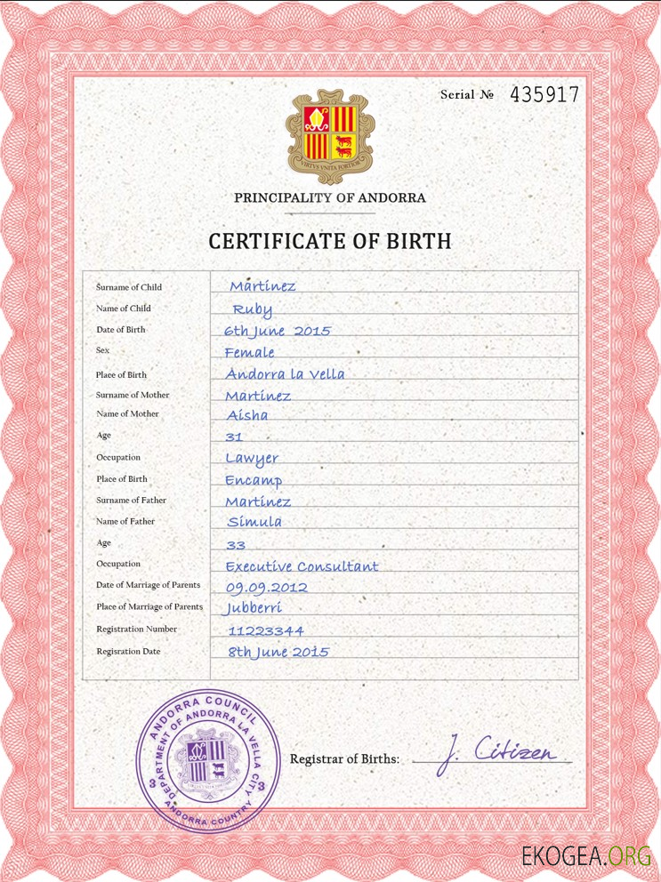 Modèle PSD de certificat de naissance d'acte d'état civil d'Andorre